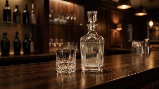 Slivovice bottle and glass on a wooden bar counter
