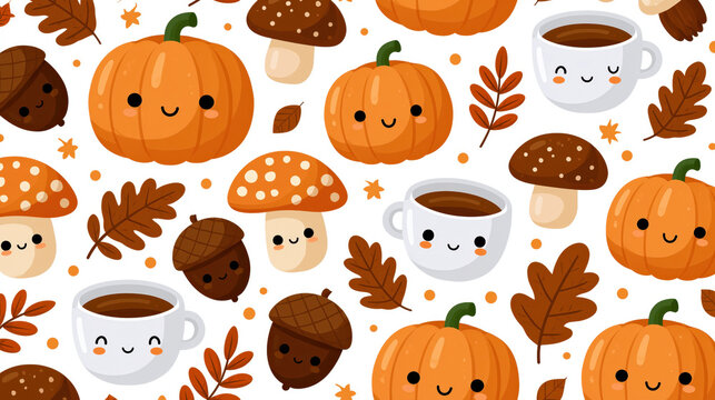 Pumpkin autumn pattern cute seamless coffee cup acorn mushroom leaf Cozy pumpkin autumn pattern cute seamless coffee cup acorn mushroom leaf with smiling face and warm color foliage for seasonal