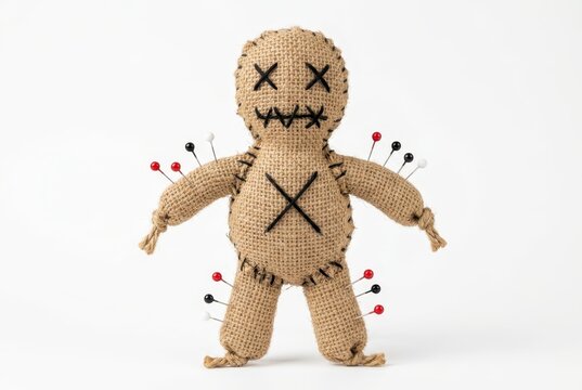 Handmade Burlap Voodoo Doll with Colorful Pins Isolated on White Background for Occult and Halloween Concepts