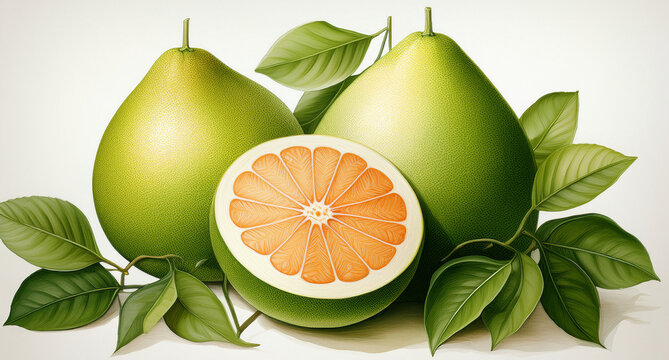 Fresh green pomelo with orange flesh, used in cooking, native to tropical regions.