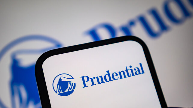 Prudential Financial logo with mountain icon on smartphone screen for insurance branding.