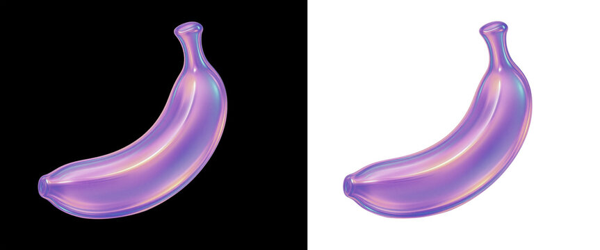3D holographic gradient purple banana fruit isolated on transparent background