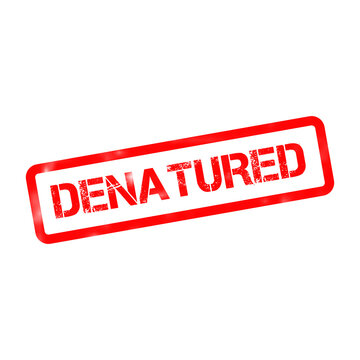 Denatured red rubber stamp icon, weathered grunge text on white background, industrial chemical warning sign, laboratory safety label