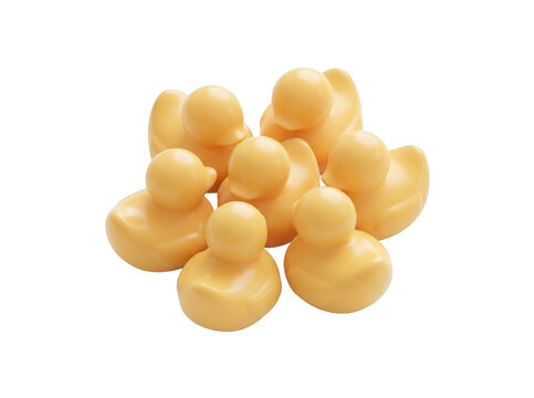 Un grupo de patitos de goma amarillos cl&aacute;sicos para el ba&ntilde;o, dispuestos juntos sobre un fondo blanco puro, ideales para conceptos de infancia, juegos infantiles o decoraci&oacute;n divertida.