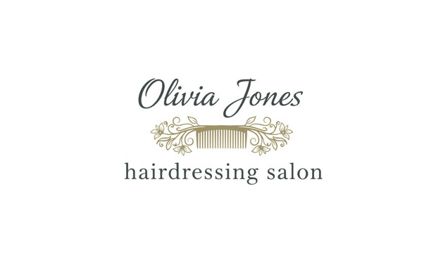 Elegant logo design for Olivia Jones hairdressing salon featuring a golden hair comb with floral scrolls on white.