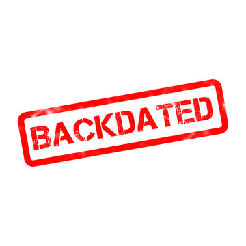 Backdated red rubber stamp on white background. Grungy backdated ink imprint for business documents. Retro office stamp mark.
