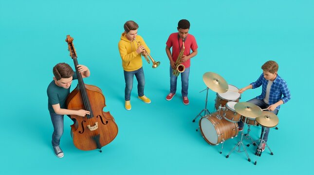 Teen playing upright bass with jazz band at rehearsal  