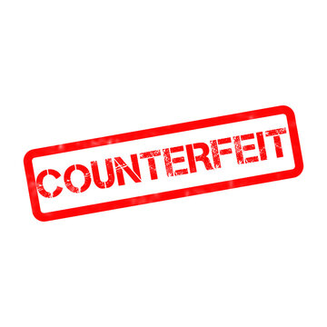 Counterfeit red rubber stamp on white background. Grungy counterfeit text mark. Fake product warning sign for legal and business concepts.