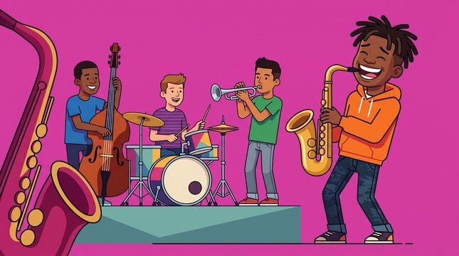 Teen with jazz band at rehearsal performing music on stage  