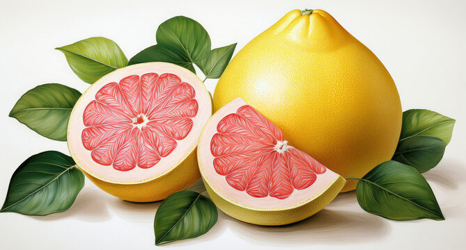 Fresh, yellow pomelo fruit with red flesh, used in cooking, native to tropical regions.