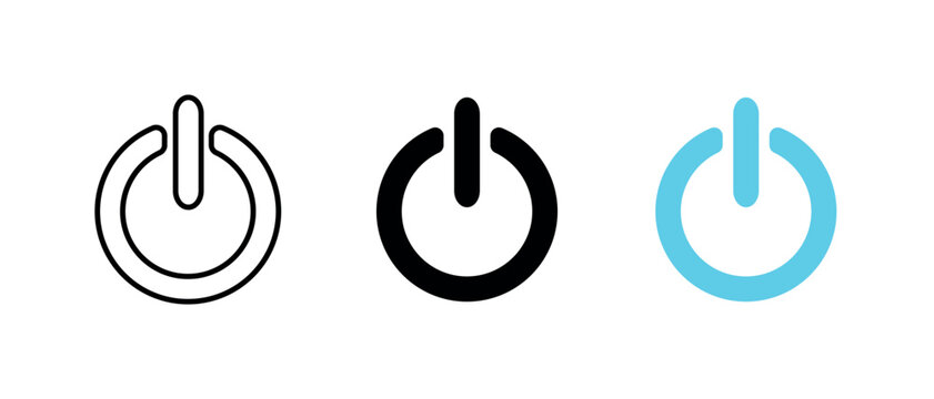 Power button icon set featuring turn on and off symbols in black outline, bold black, and blue vector styles.