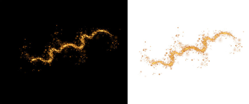 Abstract glowing golden spark trail with magic dust isolated on black
