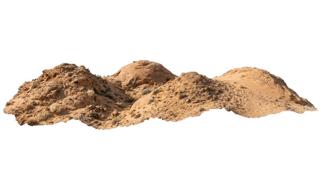 Mont&iacute;culos de arena natural con textura granular y tonos tierra aislados sobre un fondo blanco puro, ideales para proyectos de construcci&oacute;n, paisajismo, dise&ntilde;o gr&aacute;fico o composiciones de arquitectura.
