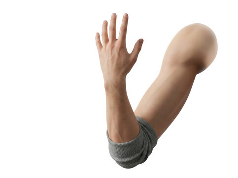 Brazo humano masculino musculoso con una mu&ntilde;equera gris, mostrando la mano abierta en un gesto de saludo o parada, aislado sobre un fondo blanco limpio para dise&ntilde;o gr&aacute;fico profesional.