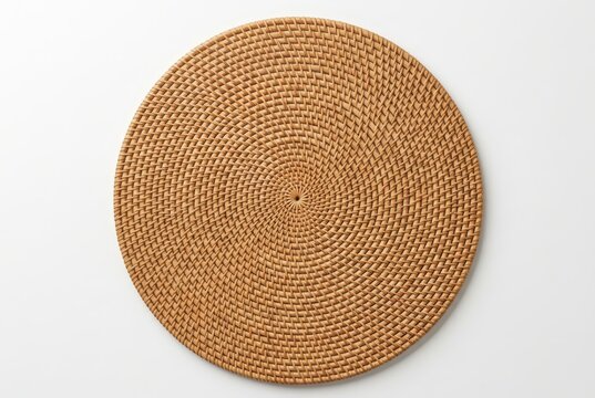 Round Woven Rattan Placemat Isolated on White Background - Top View of Natural Wicker Table Mat with Spiral Pattern