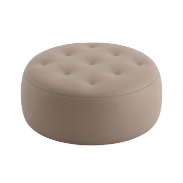 Un elegante puf otomano redondo de color beige con dise&ntilde;o capiton&eacute; y botones decorativos, ideal para decoraci&oacute;n de interiores moderna y mobiliario de sala de estar sobre fondo blanco