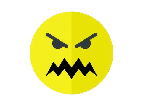 Icono de emoji amarillo con expresi&oacute;n de cara enojada y cejas fruncidas, dise&ntilde;o gr&aacute;fico plano y minimalista sobre fondo blanco, ideal para comunicaci&oacute;n digital y redes sociales.