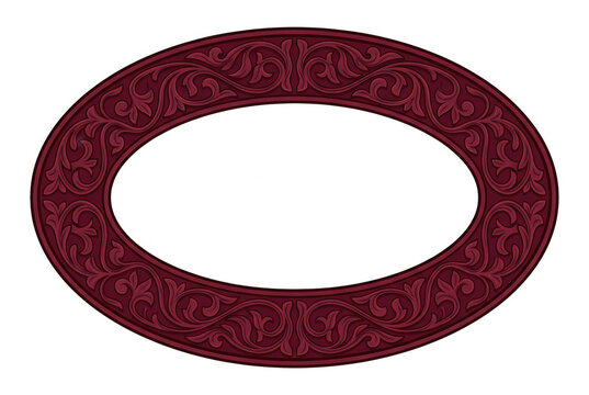 Marco oval decorativo de color rojo oscuro con intrincados patrones florales y ornamentos barrocos sobre un fondo blanco limpio, ideal para dise&ntilde;o gr&aacute;fico y marcos de fotos.