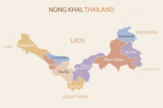 Nong Khai province map with districts and Thailand country map illustration