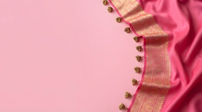 Pink silk fabric with intricate gold embroidered border and decorative hanging tassels on a solid pink background