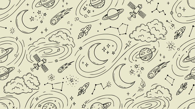 Cute Hand Drawn Space Seamless Pattern with Rockets Planets Moons Stars and Galaxies in Doodle Style Black Line Art Vector Background