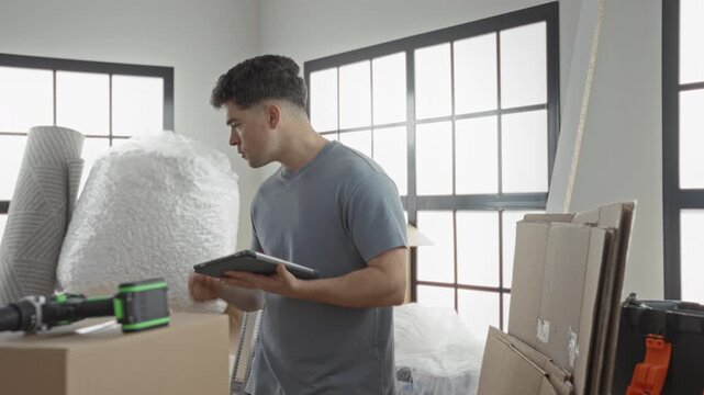 Man taps tablet and checks inventory amid moving boxes, stacked cardboard, drill and bubble wrap in a sunlit studio; focused planning.