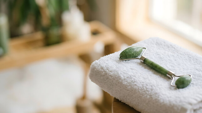 Green jade facial roller rests on a folded white fluffy towel in a bright spa setting for skincare and wellness routines
