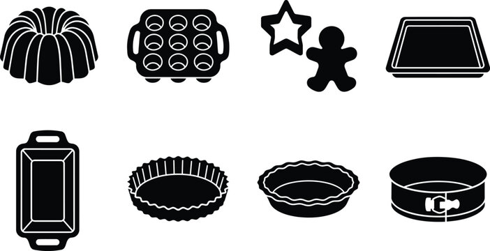 Professional Bakeware Vector Silhouette Set, Muffin Tin Bundt Pan Tart Dish Cookie Cutter