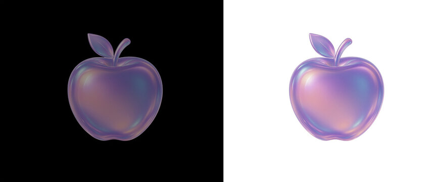 3D holographic gradient purple apple fruit isolated on transparent background