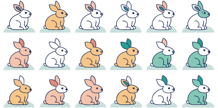 A grid-based collection of twenty-five individual, minimalist rabbit icons, arranged in a 5x5 layout on a clean white background. Each rabbit is depicted in a flat, cartoonish vector art style with bo