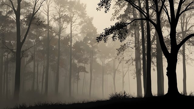 Misty forest landscape with dark tree silhouettes in a sepia toned atmospheric woodland.