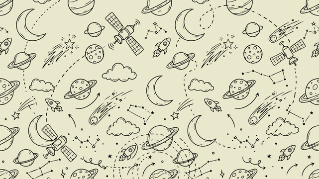 Seamless hand drawn space doodle pattern featuring planets, rockets, satellites, stars, and constellations on a light background. Cosmic vector line art for kids wallpaper and textile.