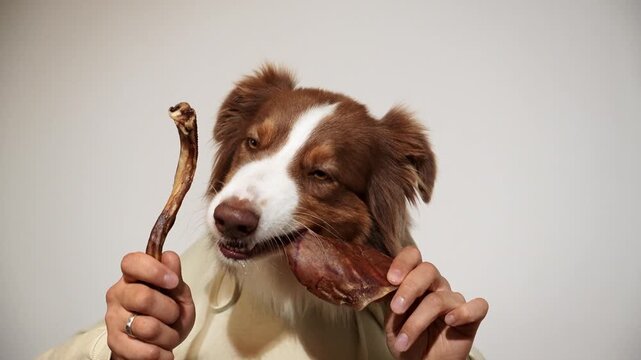 Red tricolor Australian Shepherd gnaws a dried pig ear while a bull pizzle is held in the other hand. Funny pet chew footage for natural snacks, dental care and advertising