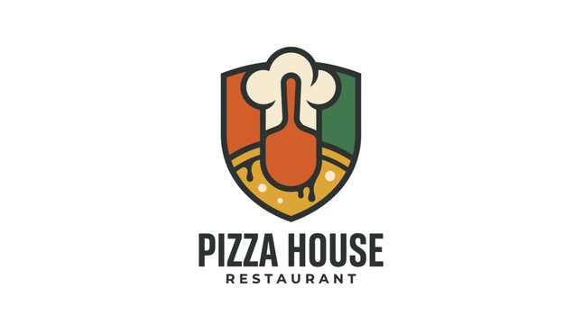 Creative Pizza House Restaurant Logo Design Featuring Shield and Chef Hat.