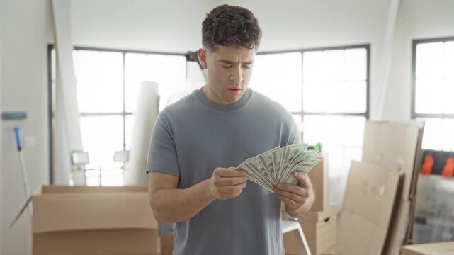 Man counting dollars with bare hands amid stacked moving boxes, a ladder and open cartons while unpacking in a sunlit building interior; concern.