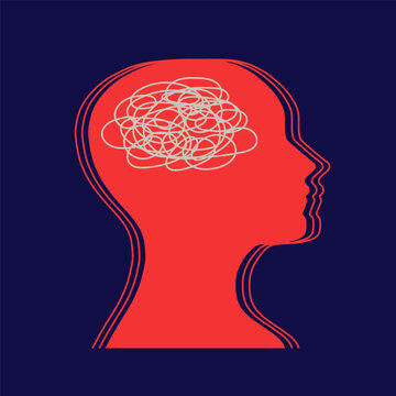 Red human head profile with tangled scribble brain symbolizing mental health anxiety and inner chaos