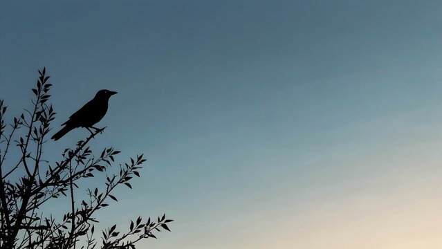 Silhouette of a bird perched on a tree branch against a clear blue sky background