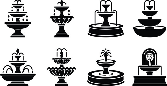 Tiered Fountain Vector Silhouette Set, Garden Water Fountain Icons