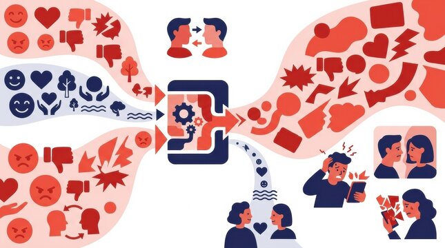 The illustration shows the effects of social media on mental health. It contrasts positive and negative emotions, highlighting the role of algorithms.