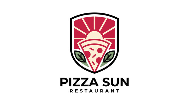 Pizza Sun Restaurant Logo Design with Shield Emblem and Slice.