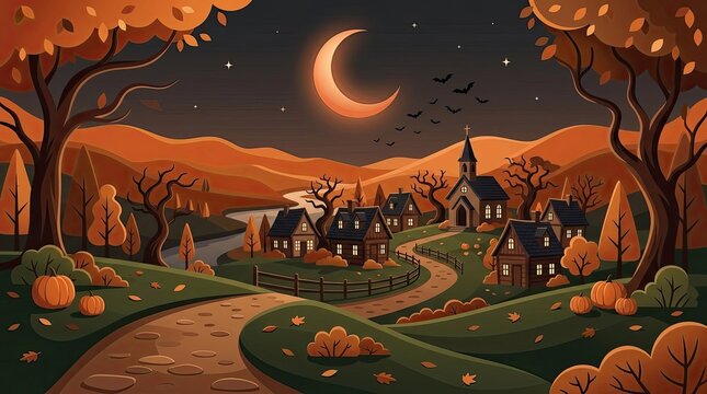 Pixel art village at night with moon and trees in colorful landscape