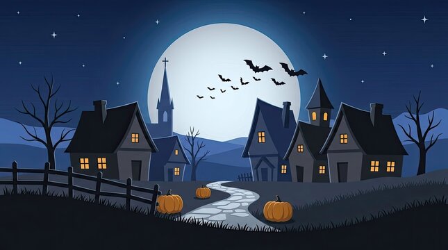 Spooky halloween village at night with full moon and flying bats