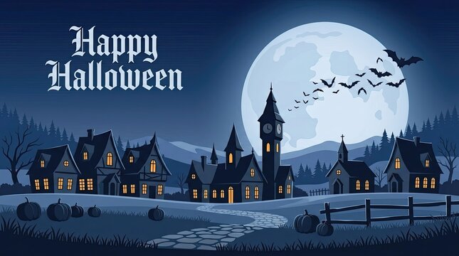 Happy halloween spooky city skyline with full moon and flying bats at night