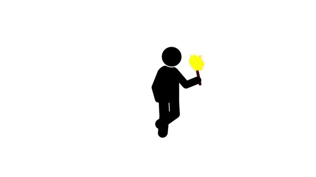 Pictogram Man walking with glowing torch in dark icon animation, finding solution exploration concept animation.