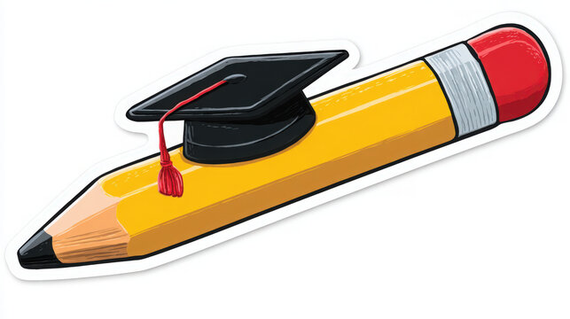 Yellow wooden pencil wearing a small black graduation cap isolated on a clean white background design