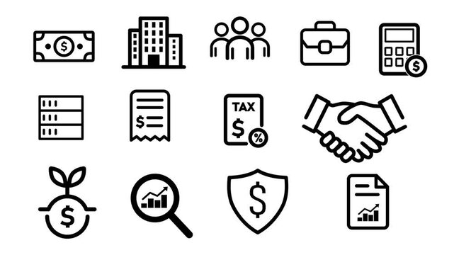 Business and finance line icons set animation, corporate banking and investment icon elements. Business, finance, banking, and investment line icon set motion graphics.