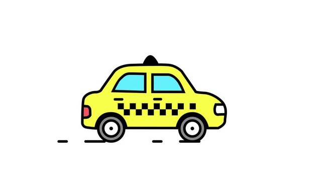 Yellow taxi cab driving animation for ride sharing and city transport concept simple line art design.
