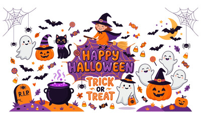 Fototapeta premium A delightful and spooky halloween scene featuring a witch on a broom ghosts pumpkins and lots of treats for a festive celebration