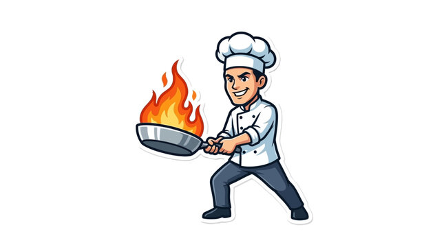 Chef tossing food in a flaming frying pan.