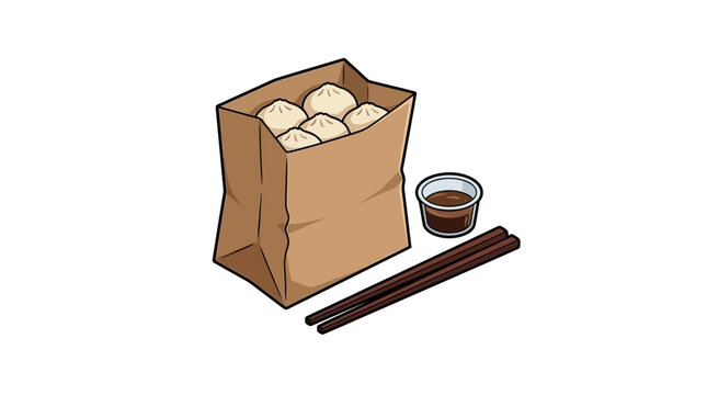Chinese dumplings in paper bag with dipping sauce.